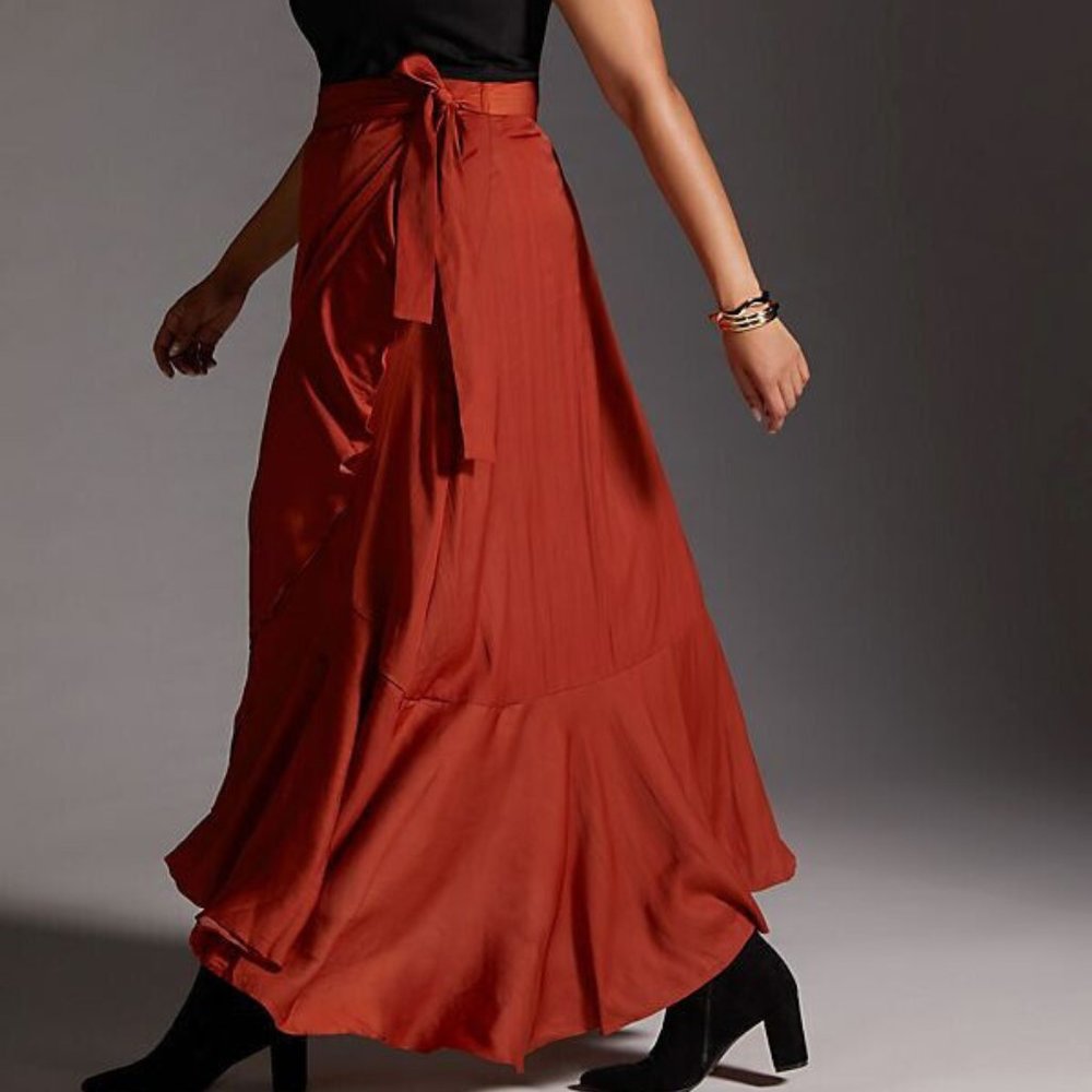 Anthropologie Maeve 1X NWT Ruffled Wrap Maxi Skirt Plus Dark Orange 120$ - Picture 2 of 11